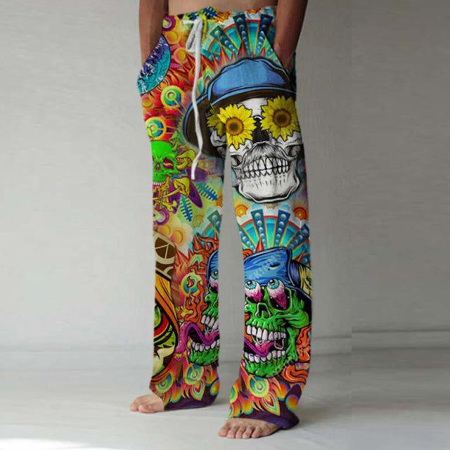 Autumn Vintage Skull Print Loose Straight Pant Men Summer New Fashion Trousers Street Hipster Casual Pants Mens Streetwear