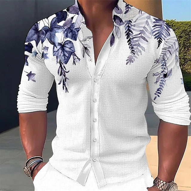 Men's Shirt Linen Shirt Floral Graphic Prints Stand Collar Blue-Green Blue Purple Green Gray Outdoor Street Long Sleeve Print Clothing Apparel Linen Fashion Streetwear Designer Casual
