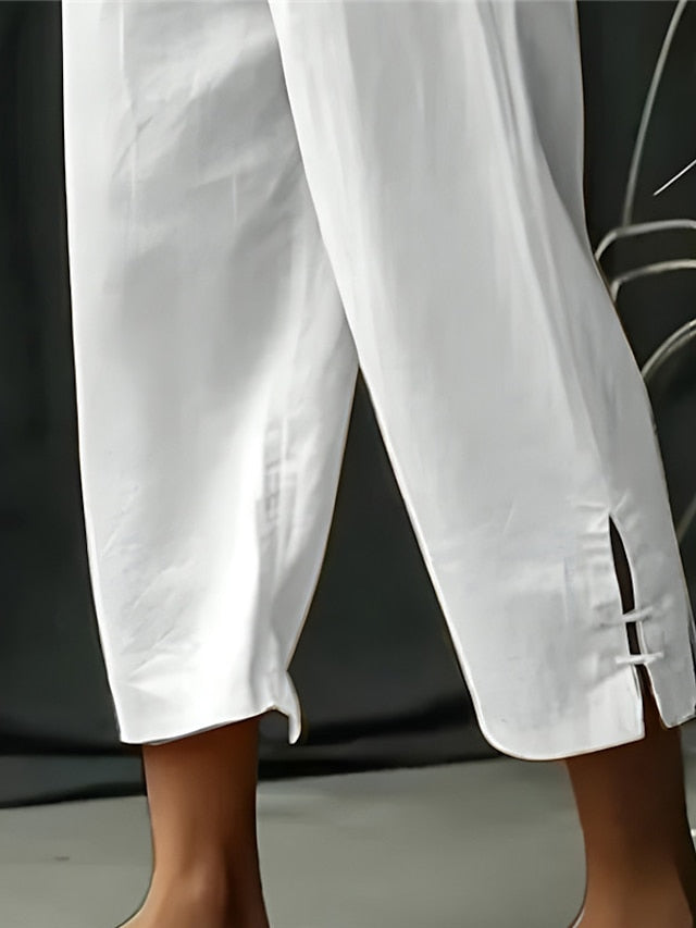 Men's Linen Pants Summer Pants Beach Pants Capri Pants Drawstring Elastic Waist Plain Comfort Breathable Calf-Length Casual Daily Holiday Linen / Cotton Blend Fashion Classic Style Black White