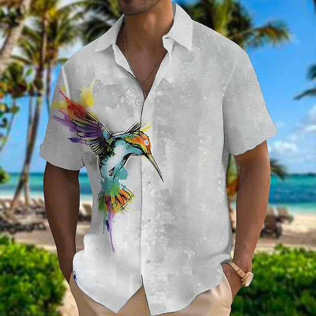 Men's Shirt Linen Shirt Floral Bird Graphic Prints Turndown Pink Red Gray Outdoor Street Short Sleeves Print Clothing Apparel Linen Fashion Designer Casual Soft