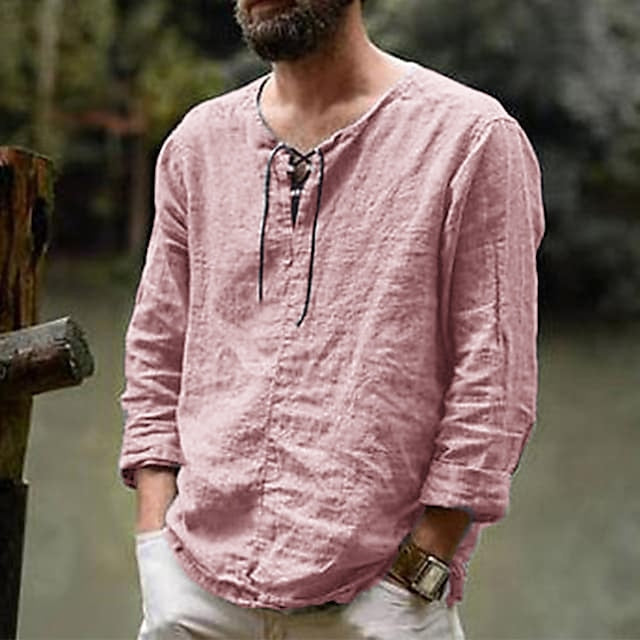 Men's Linen Shirt Summer Shirt Beach Shirt Maroon Black White Long Sleeve Solid Color Collarless Outdoor Street Clothing Apparel