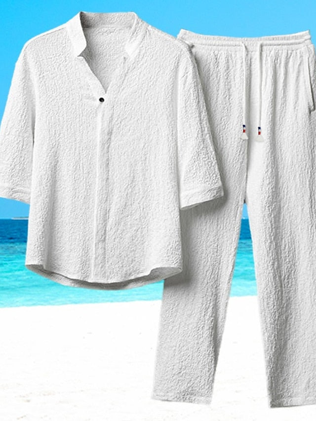 Men's 2 Piece Shirt Set Summer Set Casual Shirt Black White Gray Long Sleeve Plain Standing Collar Daily Vacation Front Pocket Clothing Apparel Fashion Casual Comfortable