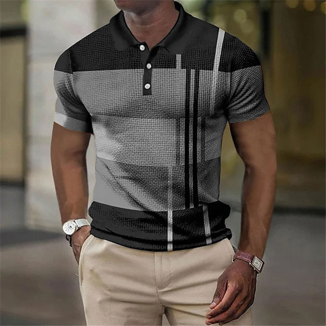 Men's Polo Shirt Golf Shirt Waffle Polo Shirt Striped Graphic Prints Geometry Turndown Black Yellow Pink Red Blue 3D Print Outdoor Street Short Sleeves Button-Down Print Clothing Apparel Fashion