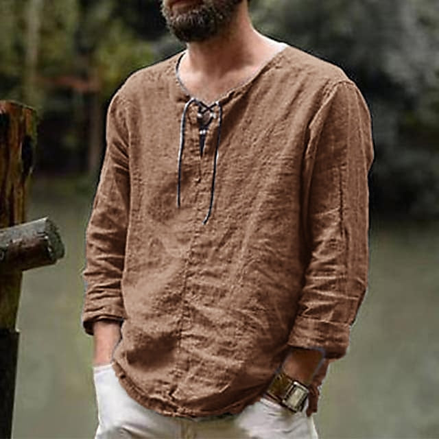 Men's Linen Shirt Summer Shirt Beach Shirt Maroon Black White Long Sleeve Solid Color Collarless Outdoor Street Clothing Apparel