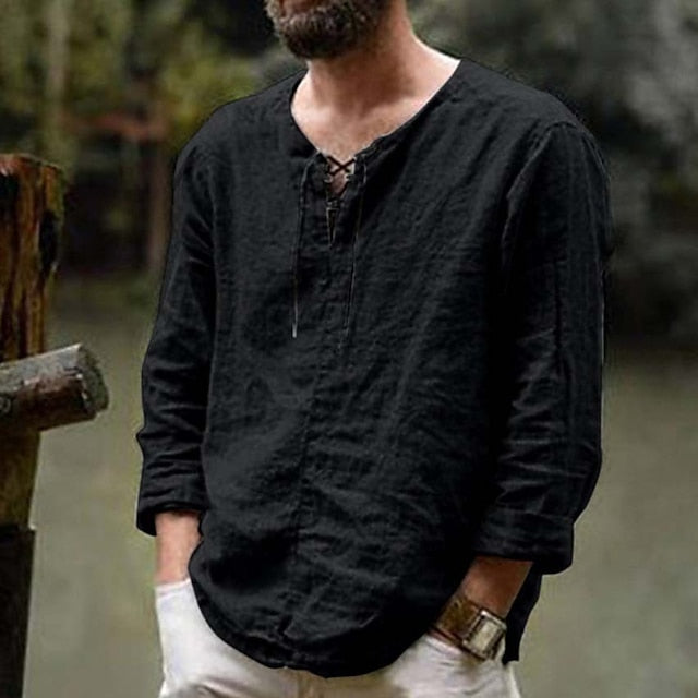 Men's Linen Shirt Summer Shirt Beach Shirt Maroon Black White Long Sleeve Solid Color Collarless Outdoor Street Clothing Apparel