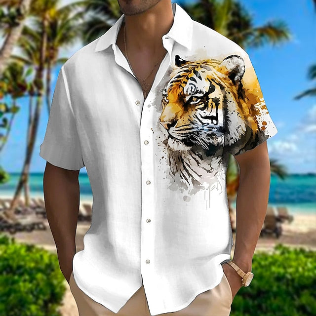 Men's Shirt Linen Shirt Animal Tiger Graphic Prints Turndown Light Yellow Black White Yellow Red Outdoor Street Short Sleeves Print Clothing Apparel Linen Fashion Designer Casual Soft