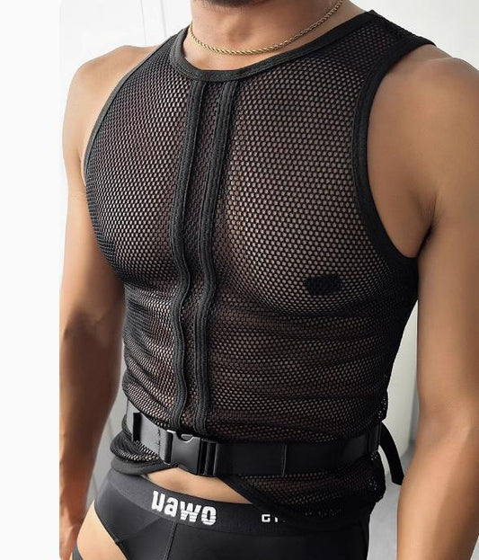 Sexy See Through Mesh T Shirt Vest Mens Muscle Fitness Breathable Lace-up Tank Tops Men Spring Summer Sleeveless Slim Camisoles