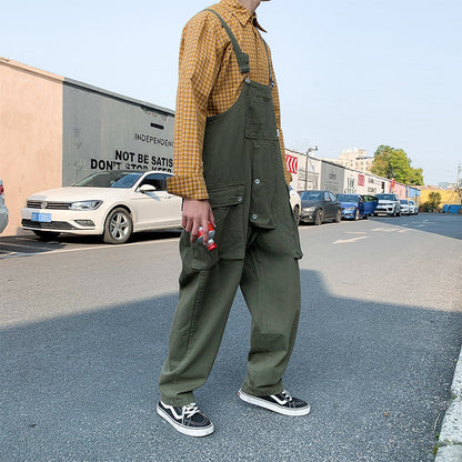 saferido black men fashion urban Japanese Style Retro Loose Workwear plus Size One-Piece Suspender Pants Men's Trendy Hip Hop Wide-Leg Daddy Suspender Pants