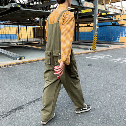 saferido black men fashion urban Japanese Style Retro Loose Workwear plus Size One-Piece Suspender Pants Men's Trendy Hip Hop Wide-Leg Daddy Suspender Pants