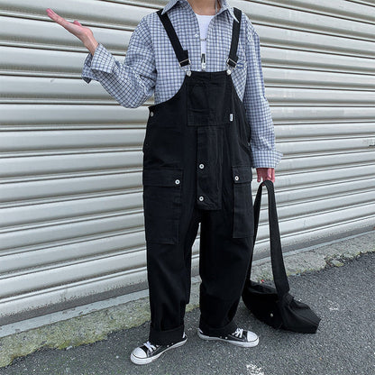 saferido black men fashion urban Japanese Style Retro Loose Workwear plus Size One-Piece Suspender Pants Men's Trendy Hip Hop Wide-Leg Daddy Suspender Pants