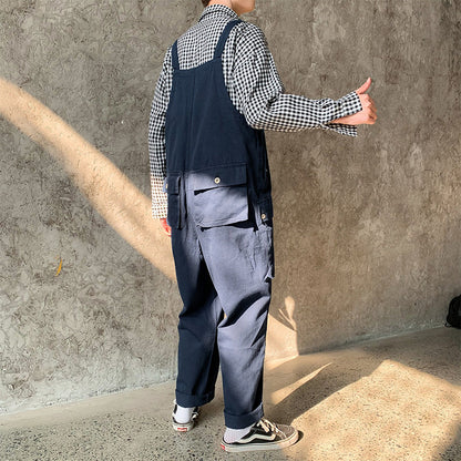 saferido black men fashion urban Japanese Style Retro Loose Workwear plus Size One-Piece Suspender Pants Men's Trendy Hip Hop Wide-Leg Daddy Suspender Pants