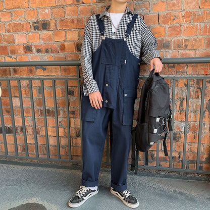 saferido black men fashion urban Japanese Style Retro Loose Workwear plus Size One-Piece Suspender Pants Men's Trendy Hip Hop Wide-Leg Daddy Suspender Pants