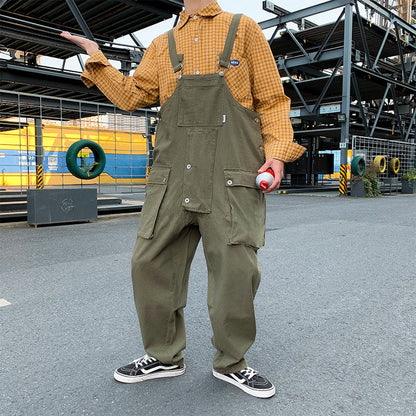 saferido black men fashion urban Japanese Style Retro Loose Workwear plus Size One-Piece Suspender Pants Men's Trendy Hip Hop Wide-Leg Daddy Suspender Pants