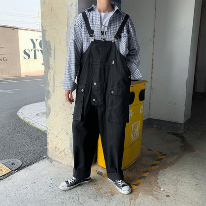 saferido black men fashion urban Japanese Style Retro Loose Workwear plus Size One-Piece Suspender Pants Men's Trendy Hip Hop Wide-Leg Daddy Suspender Pants