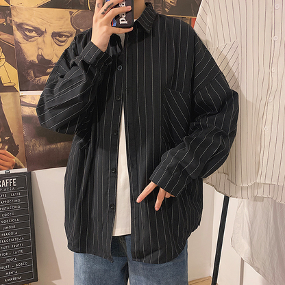 saferido      Black White Striped Men's Shirts  Harajuku Men Casual Long Sleeve Shirt Tops Streetwear Man Oversized Blouse