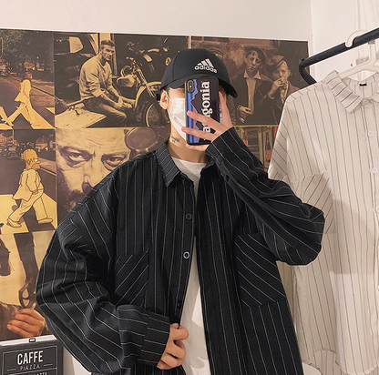 saferido      Black White Striped Men's Shirts  Harajuku Men Casual Long Sleeve Shirt Tops Streetwear Man Oversized Blouse