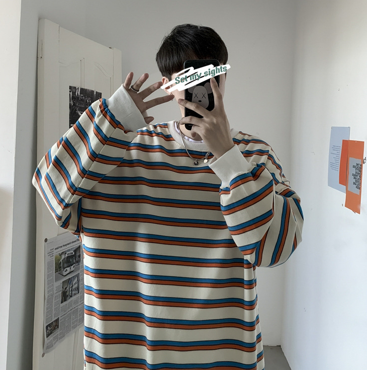 Men's Loose Round Collar Hoodies Striped Printing Sweatshirts Long Sleeves Clothing Pullover Fashion Trend Coats M-2XL
