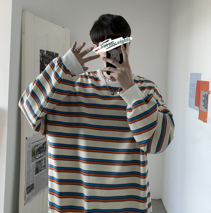 Men's Loose Round Collar Hoodies Striped Printing Sweatshirts Long Sleeves Clothing Pullover Fashion Trend Coats M-2XL