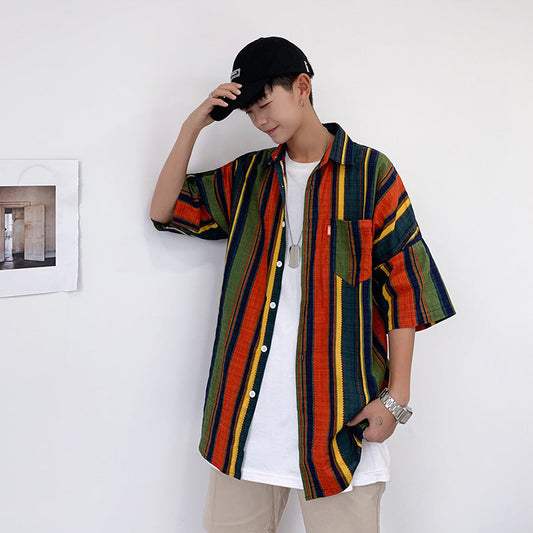saferido 90s streetwear Summer New Men's Casual Short-Sleeved Shirt Trendy Korean Style Contrast Color Striped Loose Shirt