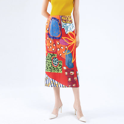 Folded skirt summer new niche printing pleated skirt casual medium and long A word elegant style women's clothing