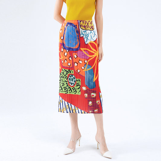 Folded skirt summer new niche printing pleated skirt casual medium and long A word elegant style women's clothing