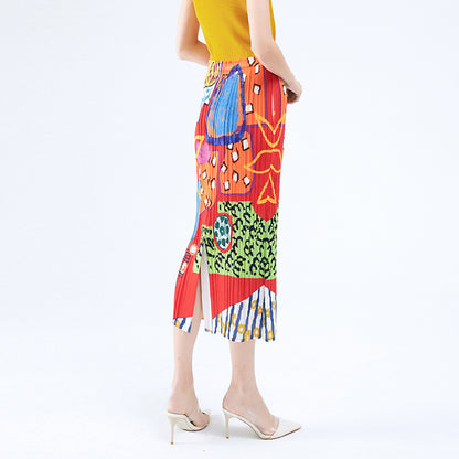 Folded skirt summer new niche printing pleated skirt casual medium and long A word elegant style women's clothing