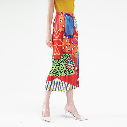 Folded skirt summer new niche printing pleated skirt casual medium and long A word elegant style women's clothing