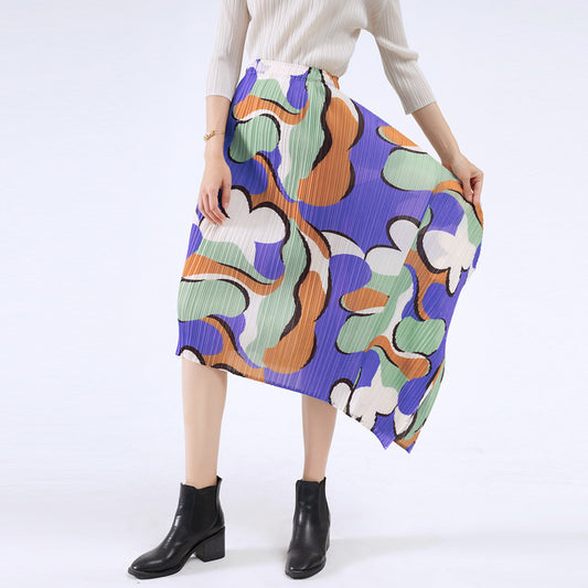 Folded skirt commuter style a-shaped medium and long, summer printed pleated skirt summer new women's clothing fashion