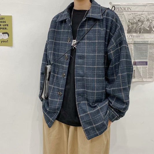 saferido      -shop grunge outfits Autumn and Winter Plaid Woolen Coat Men's Loose Korean Style Trendy Ins Woolen Coat Retro Hong Kong Trendy