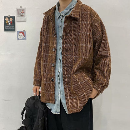 saferido      -shop grunge outfits Autumn and Winter Plaid Woolen Coat Men's Loose Korean Style Trendy Ins Woolen Coat Retro Hong Kong Trendy