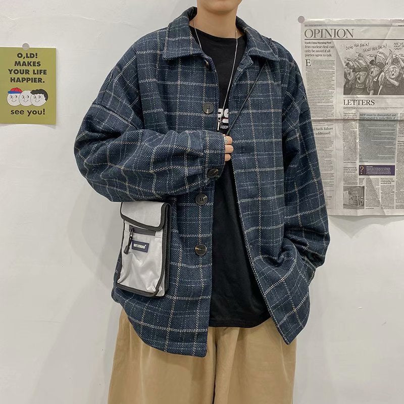 saferido      -shop grunge outfits Autumn and Winter Plaid Woolen Coat Men's Loose Korean Style Trendy Ins Woolen Coat Retro Hong Kong Trendy