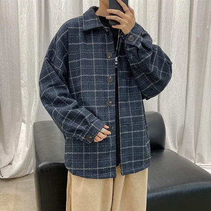 saferido      -shop grunge outfits Autumn and Winter Plaid Woolen Coat Men's Loose Korean Style Trendy Ins Woolen Coat Retro Hong Kong Trendy