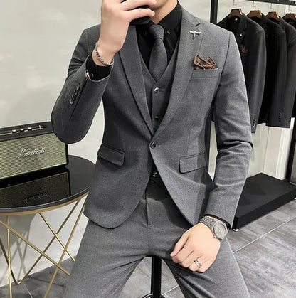 ( Jacket + Vest + Pants ) High-end Brand Boutique Fashion Solid Color Mens Casual Business Suit 3Piece Set Groom Wedding Dress