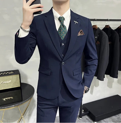 ( Jacket + Vest + Pants ) High-end Brand Boutique Fashion Solid Color Mens Casual Business Suit 3Piece Set Groom Wedding Dress