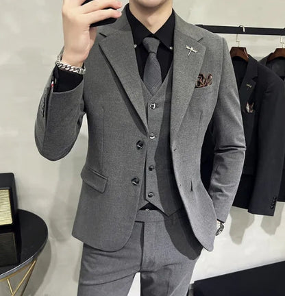 ( Jacket + Vest + Pants ) High-end Brand Boutique Fashion Solid Color Mens Casual Business Suit 3Piece Set Groom Wedding Dress