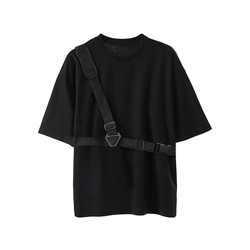 Summer Solid Color Pullovers Patchwork Handsome Round Neck Lacing Streetwear Casual Fashion Man Men's Clothing T-Shirts Korean