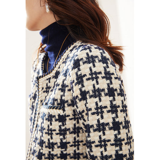 2025 Wool weaving, thousand bird grid small fragrant wind jacket women's clothing  spring and autumn new models, lamb wool short woolen