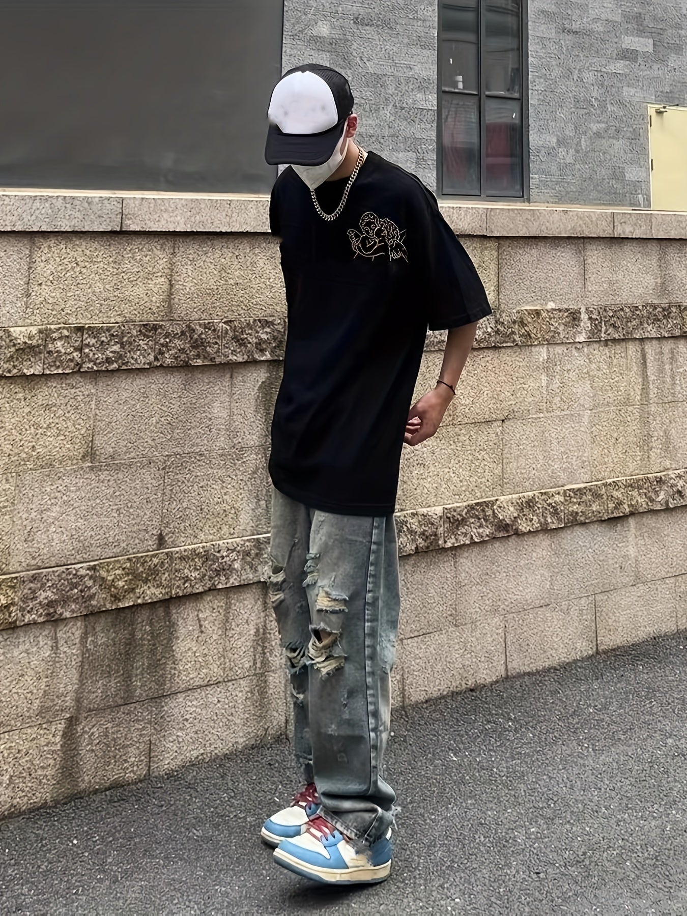 saferido Baggy Ripped Cotton Jeans, Men's Casual Street Style Distressed Denim Pants For Spring Summer K-pop