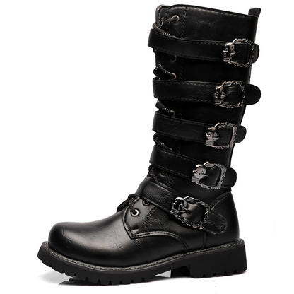 saferido Men's Leather Motorcycle Boots Mid-calf Military Combat Boots Gothic Belt Punk Boots Men Shoes Tactical Army Boot