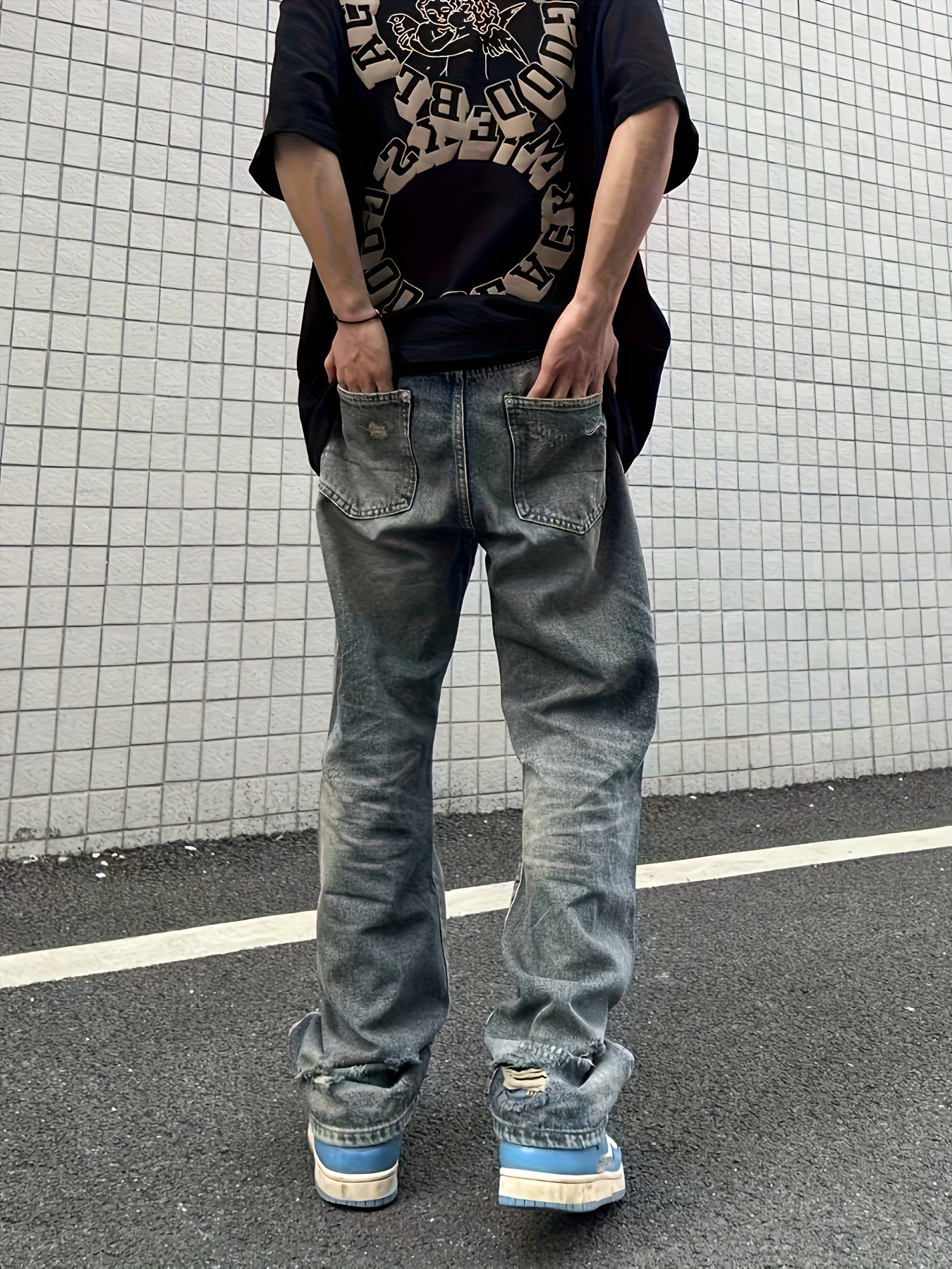 saferido Baggy Ripped Cotton Jeans, Men's Casual Street Style Distressed Denim Pants For Spring Summer K-pop