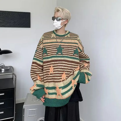 saferido Harajuku Men Vintage Sweater Striped Star Flocking Extra Large Knitted Sweater Autumn Street Wear Couple Pullover Unisex Winter
