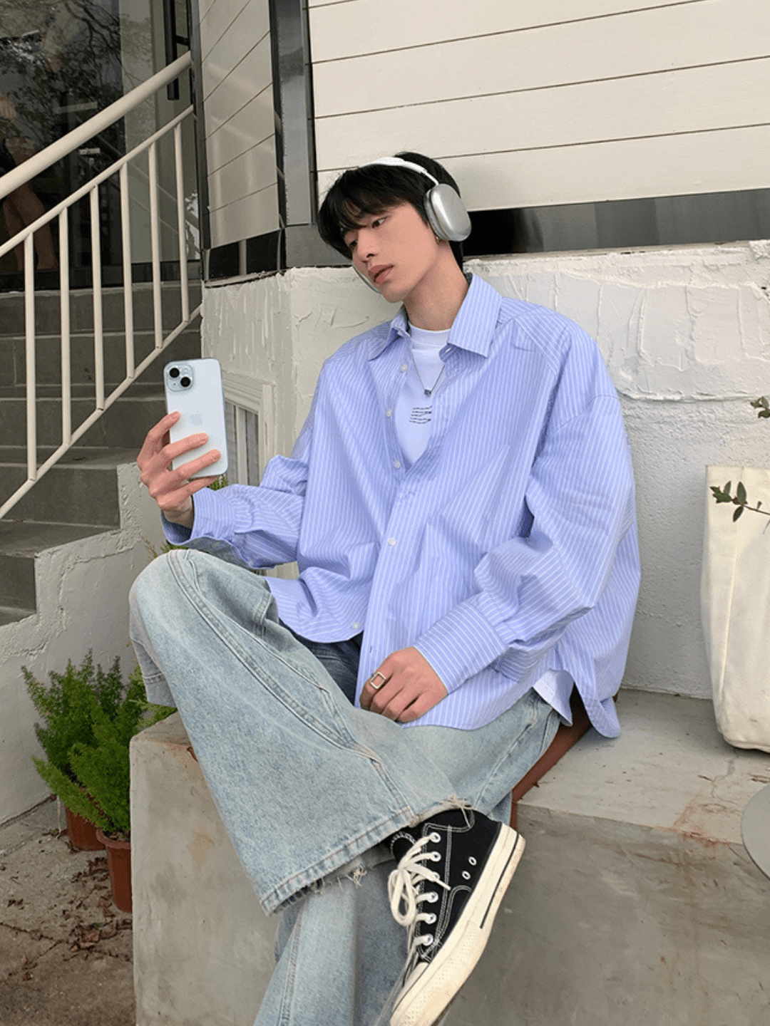 saferido [ONELYC1NS] korean blue and white loose shirt na1008