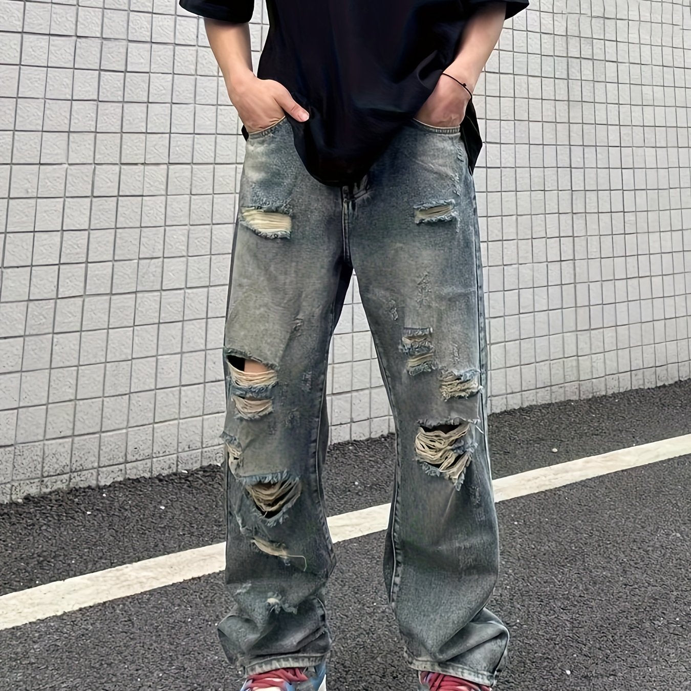 saferido Baggy Ripped Cotton Jeans, Men's Casual Street Style Distressed Denim Pants For Spring Summer K-pop