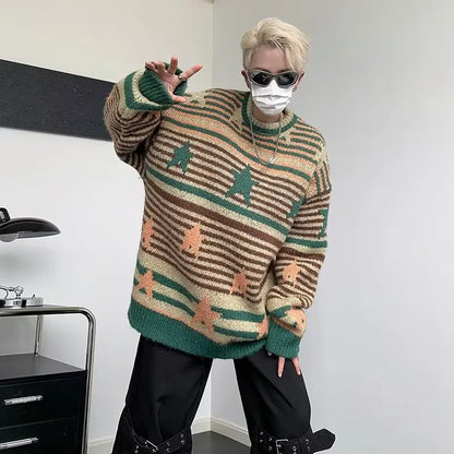 saferido Harajuku Men Vintage Sweater Striped Star Flocking Extra Large Knitted Sweater Autumn Street Wear Couple Pullover Unisex Winter