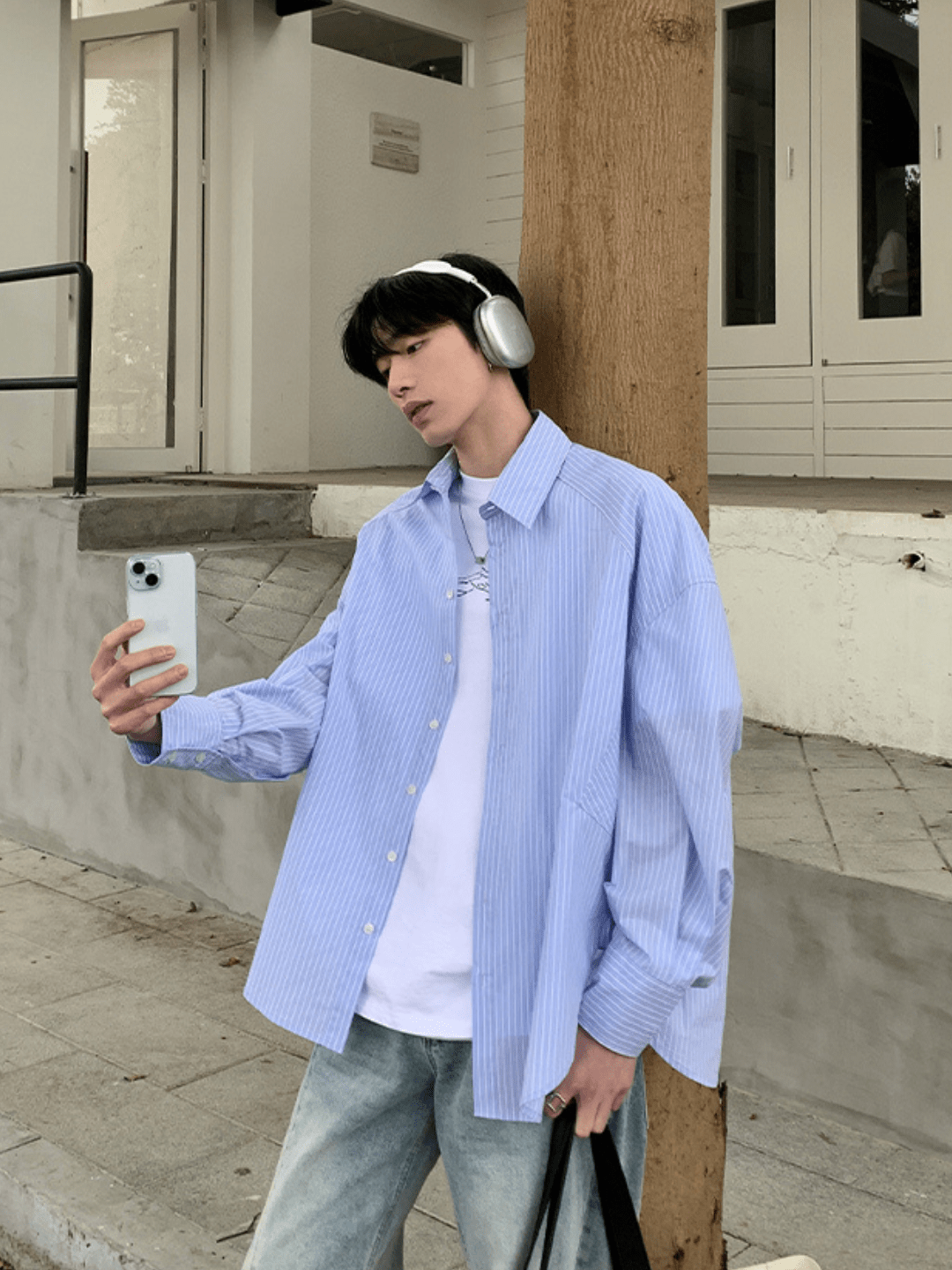 saferido [ONELYC1NS] korean blue and white loose shirt na1008