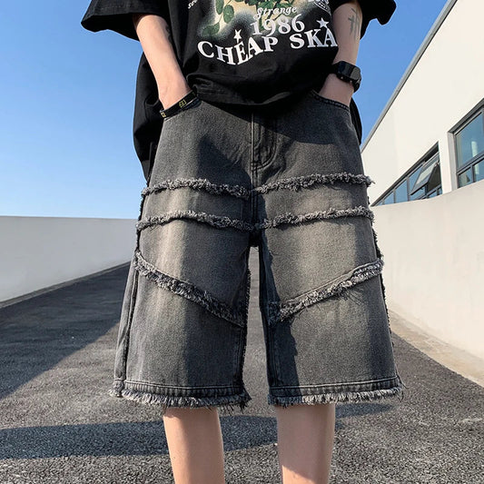 American High Street Men's Wide Leg Denim Shorts Summer New Fashion Casual Baggy Short Jeans Male Chic Burrs Clothes