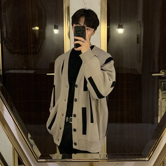 Autumn Clothing Men's Light Luxury Knitted Button Down Cardigan Sweater Long Sleeve Streetwear Patchwork Coat Fashion Knitwear