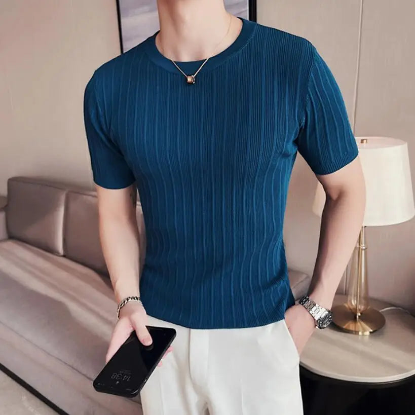 Brand Clothing Men's Summer Leisure Short Sleeve T-Shirt/Male Slim Fit O-Neck Stripe Knitted T-Shirt Plus Size S-4XL
