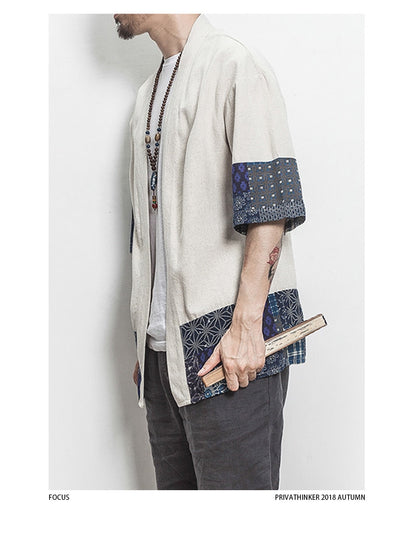 Men Color Block Kimono Black Shirts  Mens Fashions Casual Summer Shirts Male Designer Vintage Shirt Plus Size