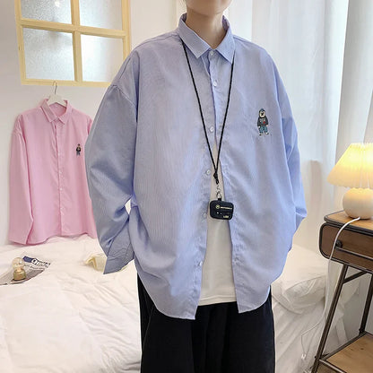 saferido Spring Fashion: Korean bear embroidered versatile striped long sleeve shirt couple shirts